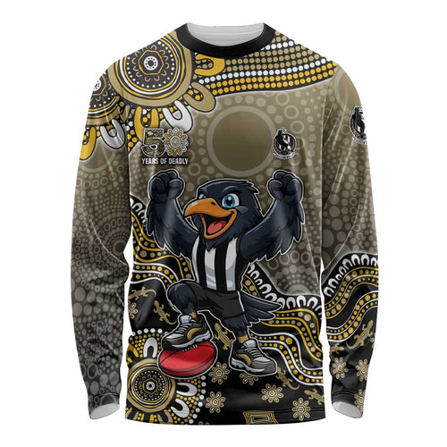 Personalized Magpies Football Mascot Long Sleeve Shirt Aboriginal Dot Art Style Vibrant Indigenous Pattern Design