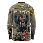 Personalized Magpies Football Mascot Long Sleeve Shirt Aboriginal Dot Art Style Vibrant Indigenous Pattern Design