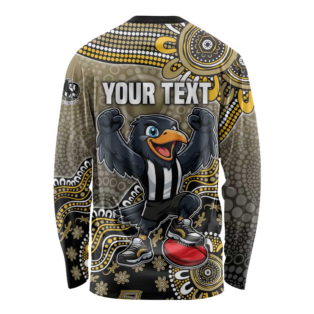 Personalized Magpies Football Mascot Long Sleeve Shirt Aboriginal Dot Art Style Vibrant Indigenous Pattern Design