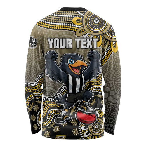 Personalized Magpies Football Mascot Long Sleeve Shirt Aboriginal Dot Art Style Vibrant Indigenous Pattern Design