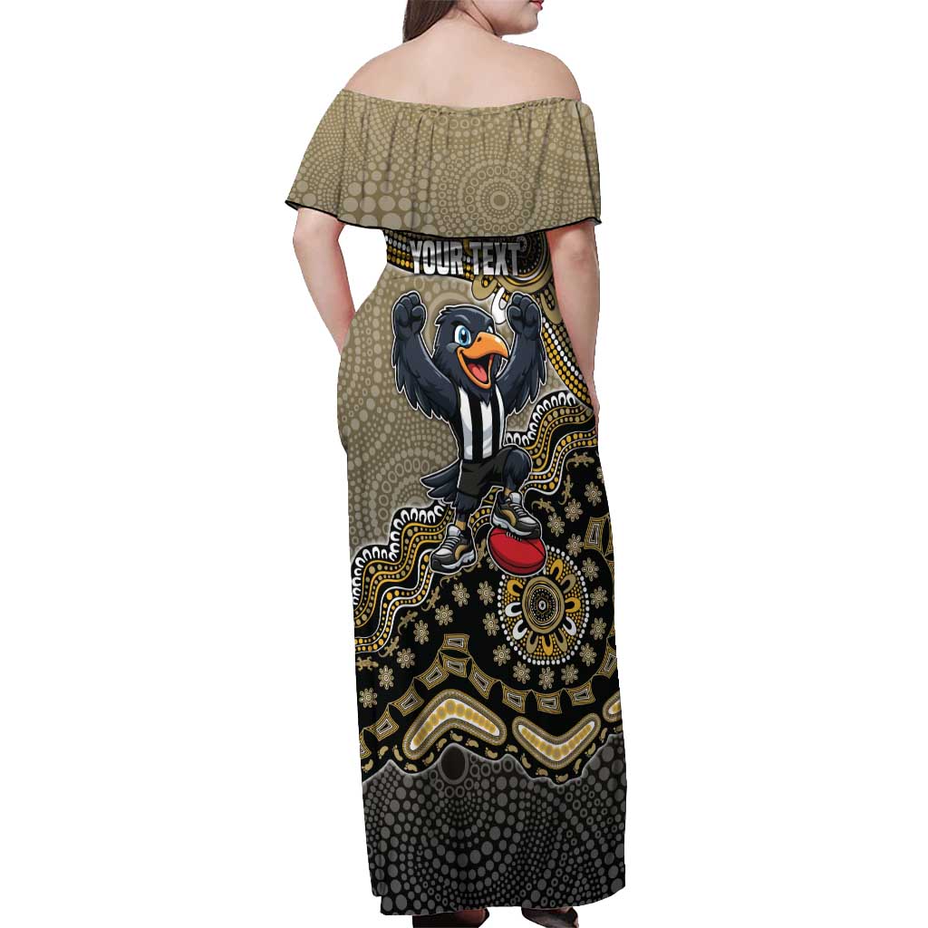 Personalized Magpies Football Mascot Off Shoulder Maxi Dress Aboriginal Dot Art Style Vibrant Indigenous Pattern Design
