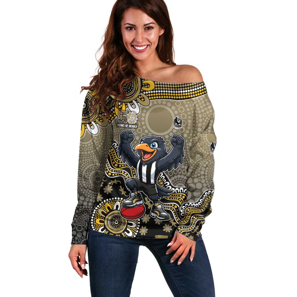 Personalized Magpies Football Mascot Off Shoulder Sweater Aboriginal Dot Art Style Vibrant Indigenous Pattern Design