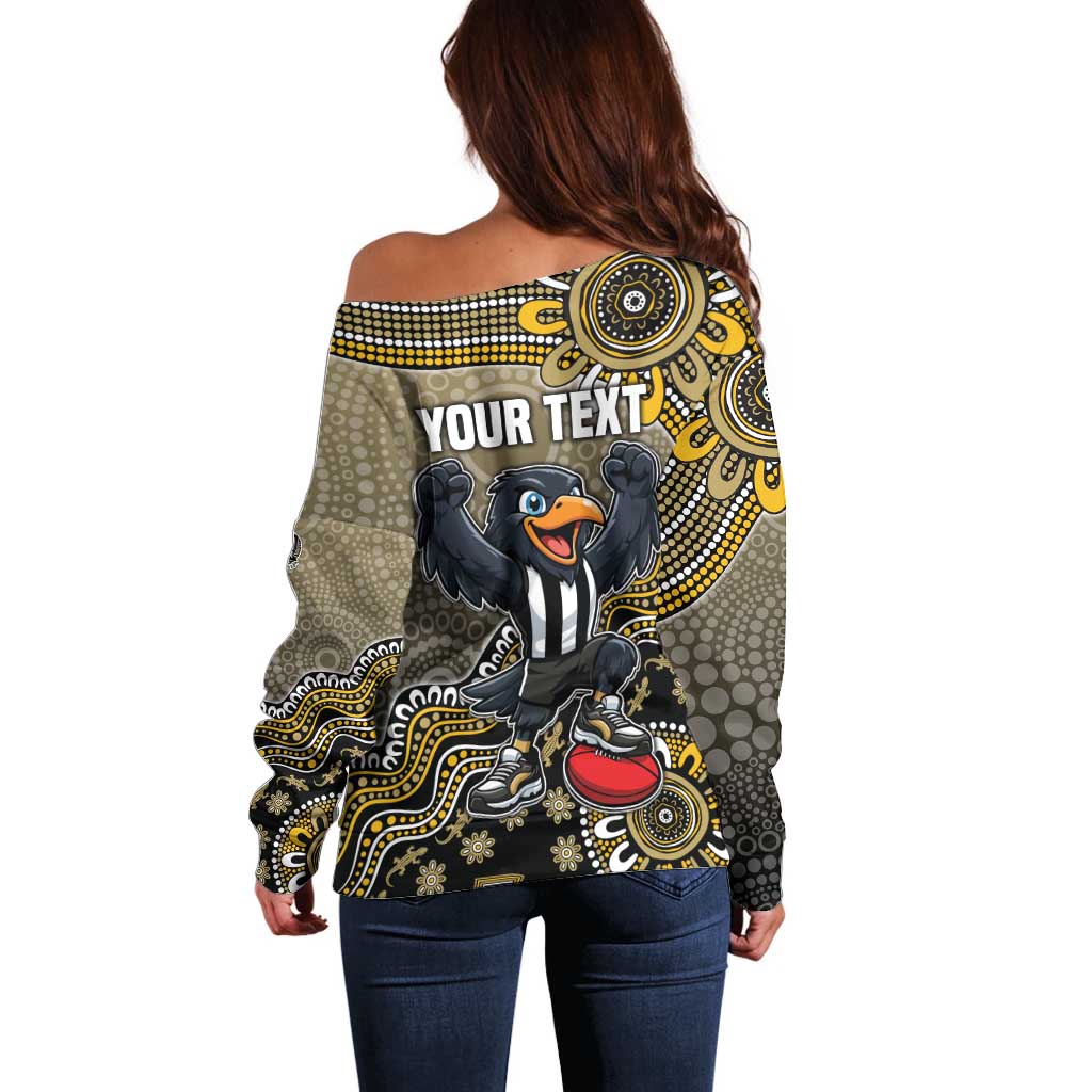 Personalized Magpies Football Mascot Off Shoulder Sweater Aboriginal Dot Art Style Vibrant Indigenous Pattern Design