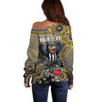 Personalized Magpies Football Mascot Off Shoulder Sweater Aboriginal Dot Art Style Vibrant Indigenous Pattern Design