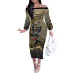 Personalized Magpies Football Mascot Off The Shoulder Long Sleeve Dress Aboriginal Dot Art Style Vibrant Indigenous Pattern Design