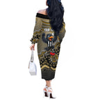 Personalized Magpies Football Mascot Off The Shoulder Long Sleeve Dress Aboriginal Dot Art Style Vibrant Indigenous Pattern Design