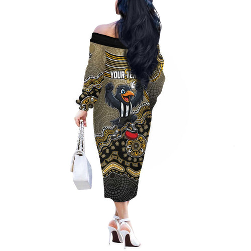 Personalized Magpies Football Mascot Off The Shoulder Long Sleeve Dress Aboriginal Dot Art Style Vibrant Indigenous Pattern Design
