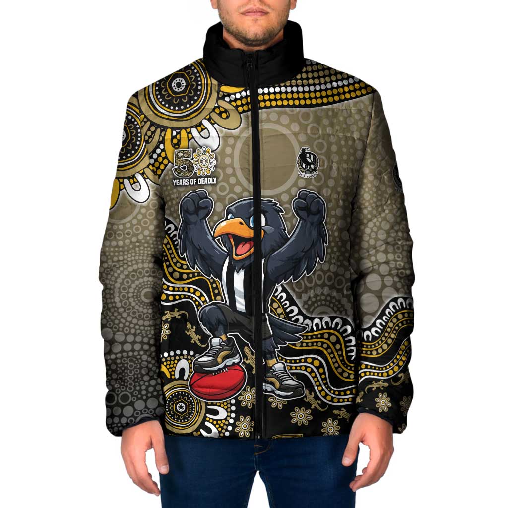 Personalized Magpies Football Mascot Padded Jacket Aboriginal Dot Art Style Vibrant Indigenous Pattern Design