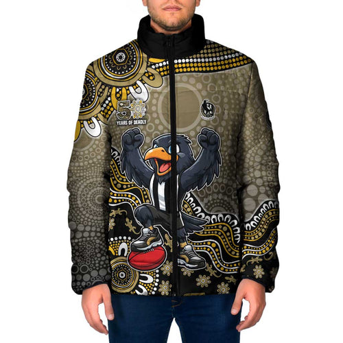 Personalized Magpies Football Mascot Padded Jacket Aboriginal Dot Art Style Vibrant Indigenous Pattern Design