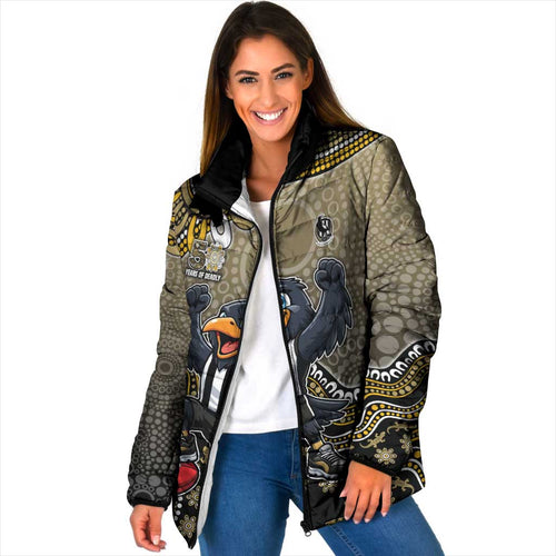 Personalized Magpies Football Mascot Padded Jacket Aboriginal Dot Art Style Vibrant Indigenous Pattern Design