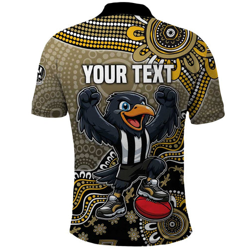 Personalized Magpies Football Mascot Polo Shirt Aboriginal Dot Art Style Vibrant Indigenous Pattern Design