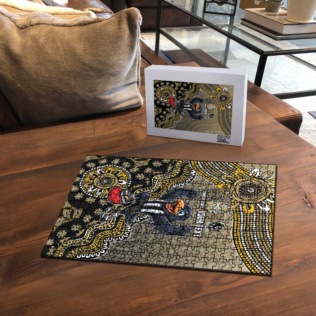 Personalized Magpies Football Mascot Puzzle Aboriginal Dot Art Style Vibrant Indigenous Pattern Design