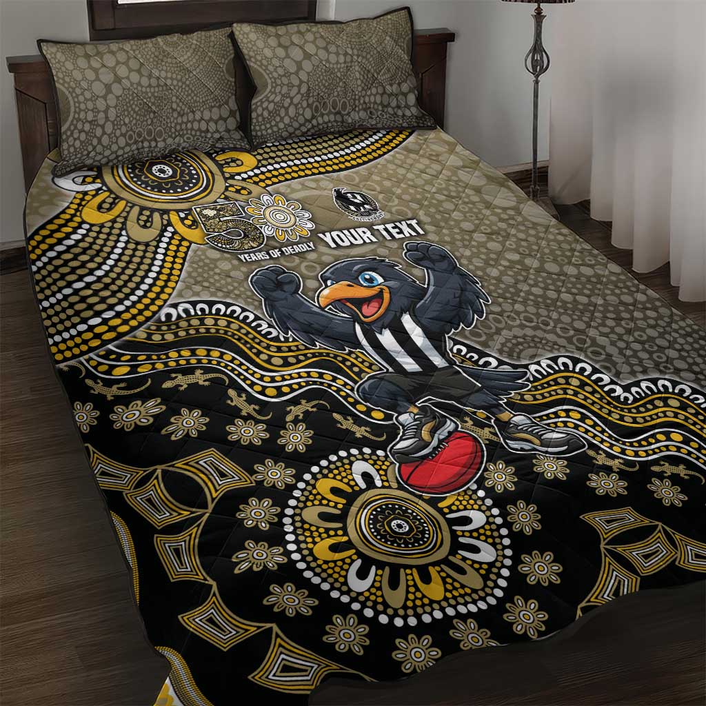 Personalized Magpies Football Mascot Quilt Bed Set Aboriginal Dot Art Style Vibrant Indigenous Pattern Design