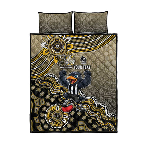 Personalized Magpies Football Mascot Quilt Bed Set Aboriginal Dot Art Style Vibrant Indigenous Pattern Design