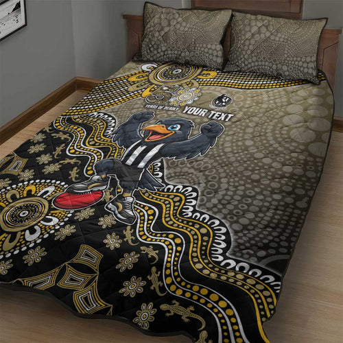 Personalized Magpies Football Mascot Quilt Bed Set Aboriginal Dot Art Style Vibrant Indigenous Pattern Design