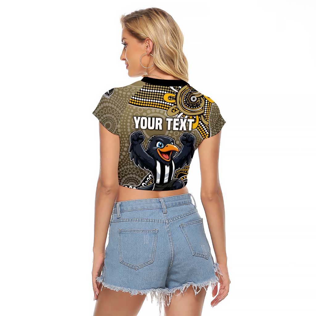 Personalized Magpies Football Mascot Raglan Cropped T Shirt Aboriginal Dot Art Style Vibrant Indigenous Pattern Design
