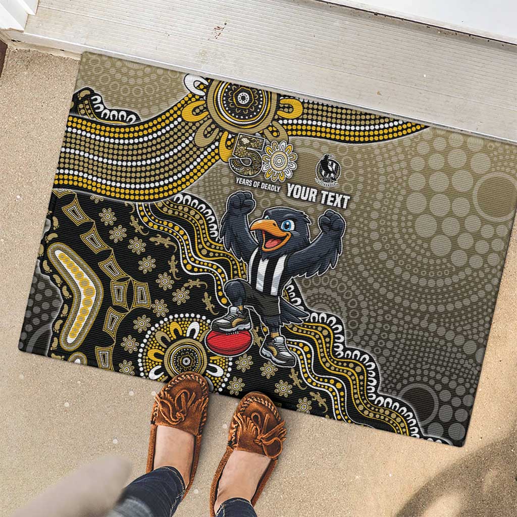 Personalized Magpies Football Mascot Rubber Doormat Aboriginal Dot Art Style Vibrant Indigenous Pattern Design