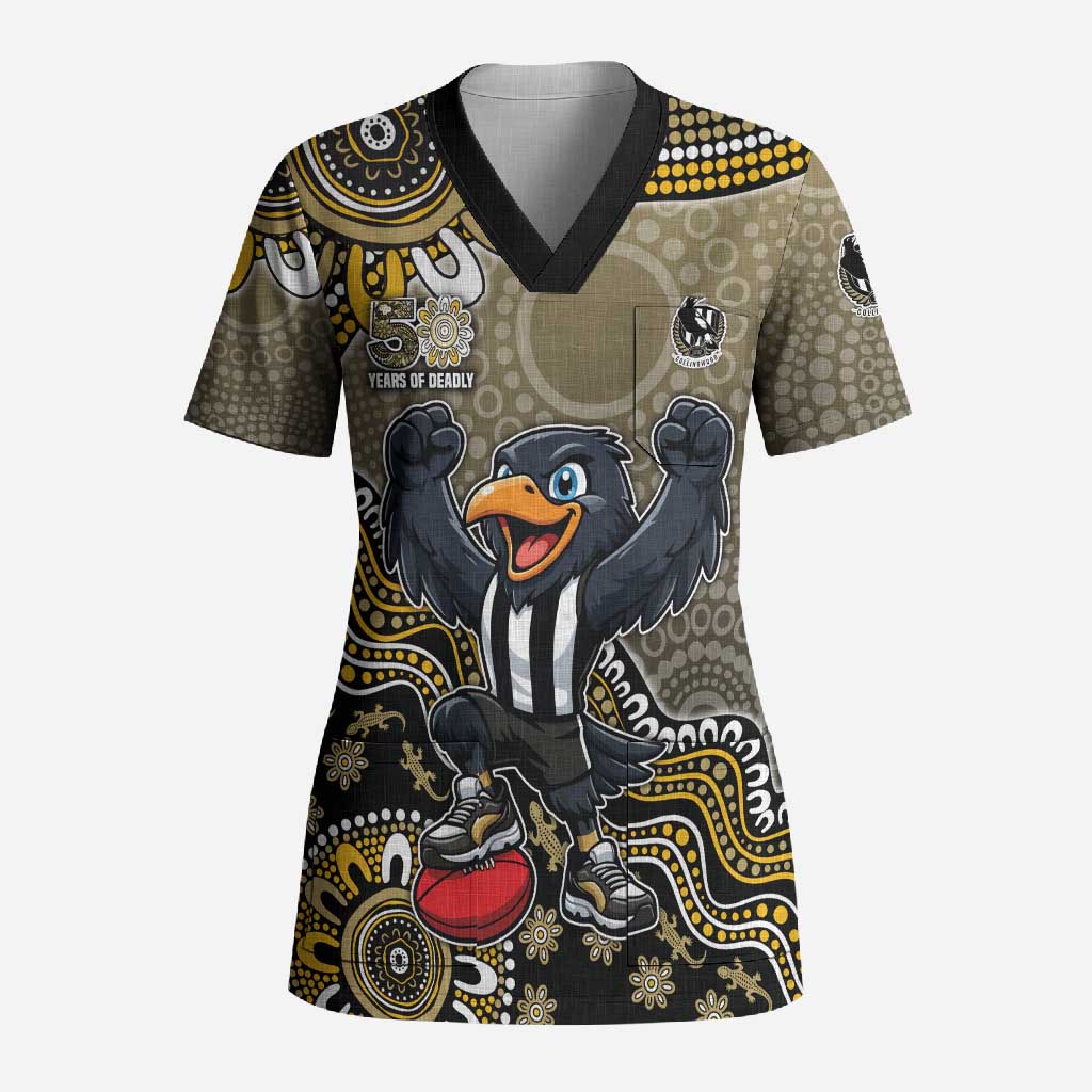 Personalized Magpies Football Mascot Scrub Top Aboriginal Dot Art Style Vibrant Indigenous Pattern Design