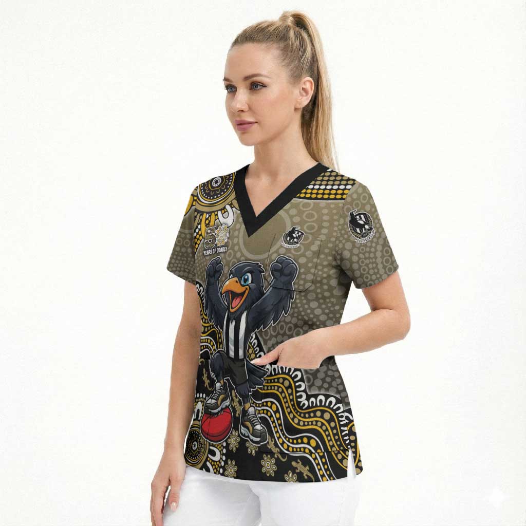 Personalized Magpies Football Mascot Scrub Top Aboriginal Dot Art Style Vibrant Indigenous Pattern Design