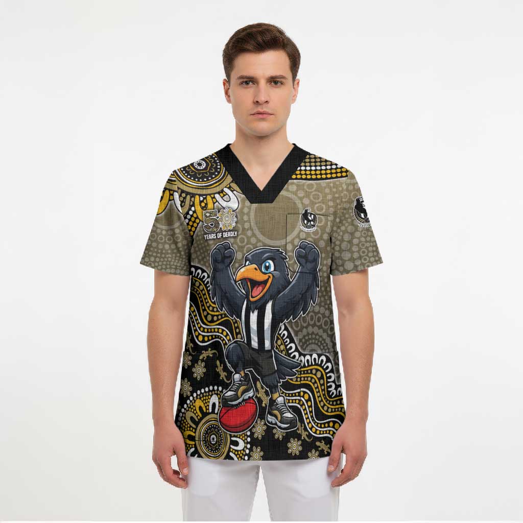 Personalized Magpies Football Mascot Scrub Top Aboriginal Dot Art Style Vibrant Indigenous Pattern Design