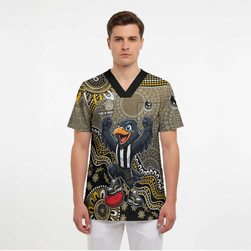 Personalized Magpies Football Mascot Scrub Top Aboriginal Dot Art Style Vibrant Indigenous Pattern Design