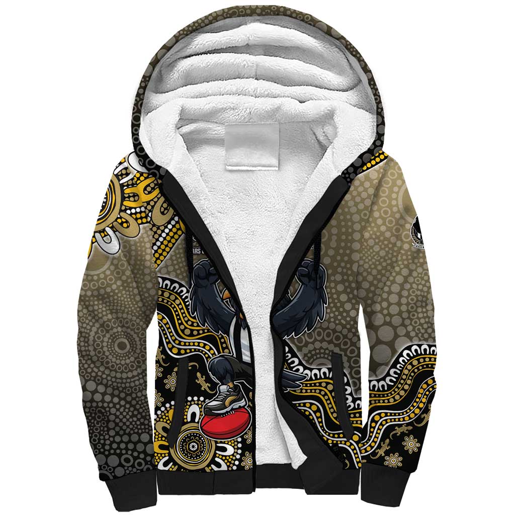 Personalized Magpies Football Mascot Sherpa Hoodie Aboriginal Dot Art Style Vibrant Indigenous Pattern Design
