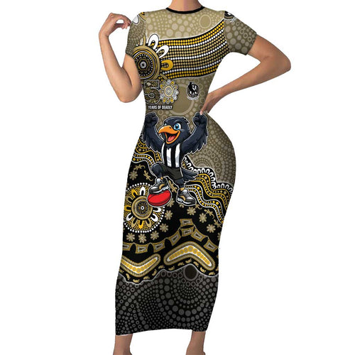 Personalized Magpies Football Mascot Short Sleeve Bodycon Dress Aboriginal Dot Art Style Vibrant Indigenous Pattern Design