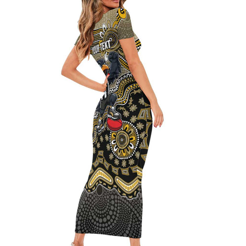 Personalized Magpies Football Mascot Short Sleeve Bodycon Dress Aboriginal Dot Art Style Vibrant Indigenous Pattern Design