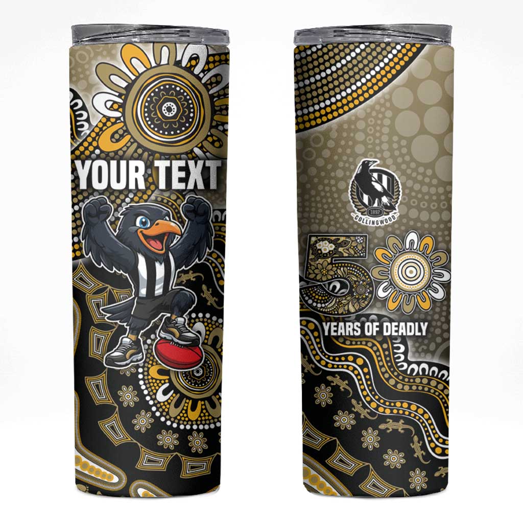 Personalized Magpies Football Mascot Skinny Tumbler Aboriginal Dot Art Style Vibrant Indigenous Pattern Design