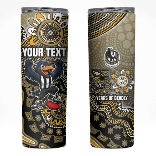 Personalized Magpies Football Mascot Skinny Tumbler Aboriginal Dot Art Style Vibrant Indigenous Pattern Design