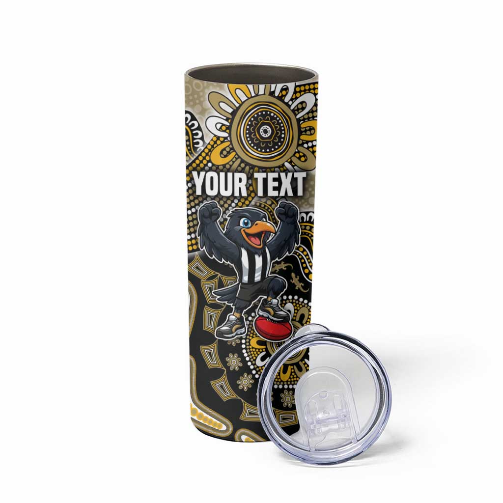 Personalized Magpies Football Mascot Skinny Tumbler Aboriginal Dot Art Style Vibrant Indigenous Pattern Design