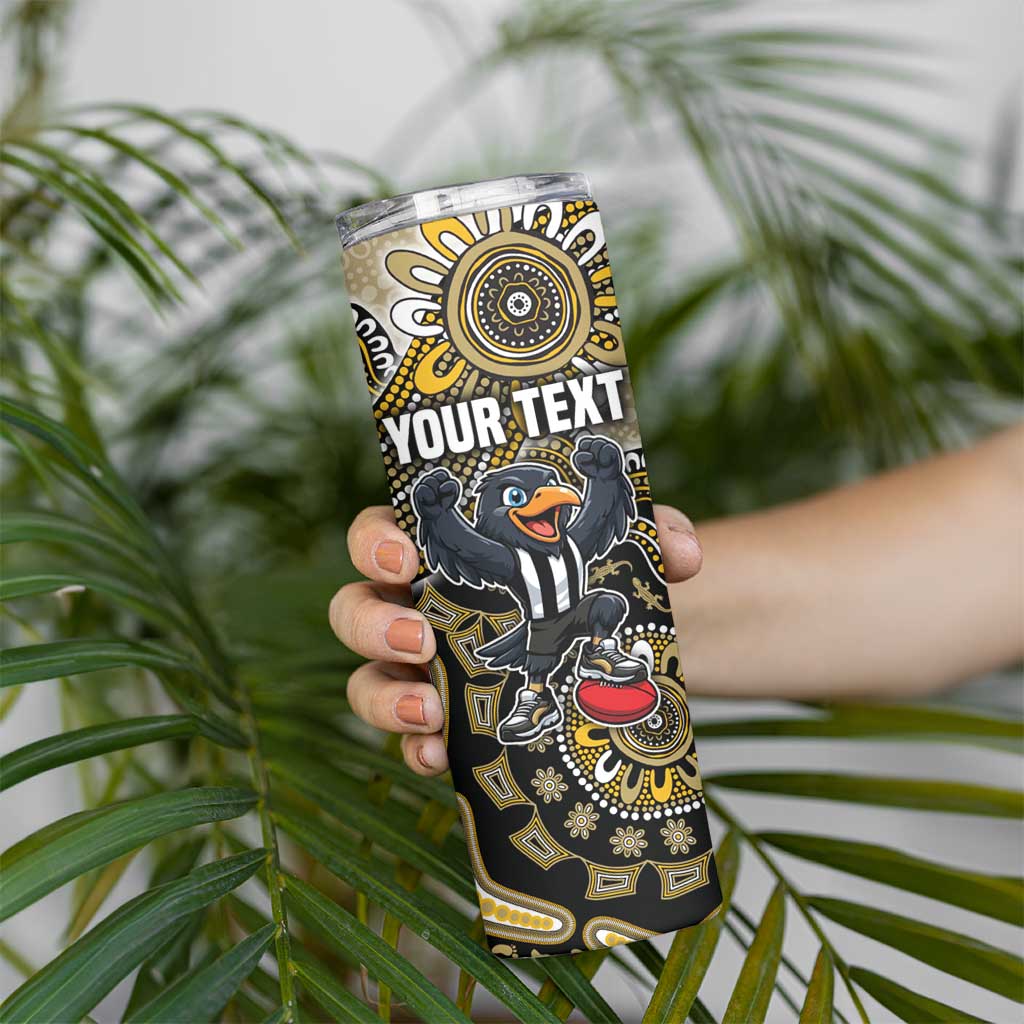 Personalized Magpies Football Mascot Skinny Tumbler Aboriginal Dot Art Style Vibrant Indigenous Pattern Design
