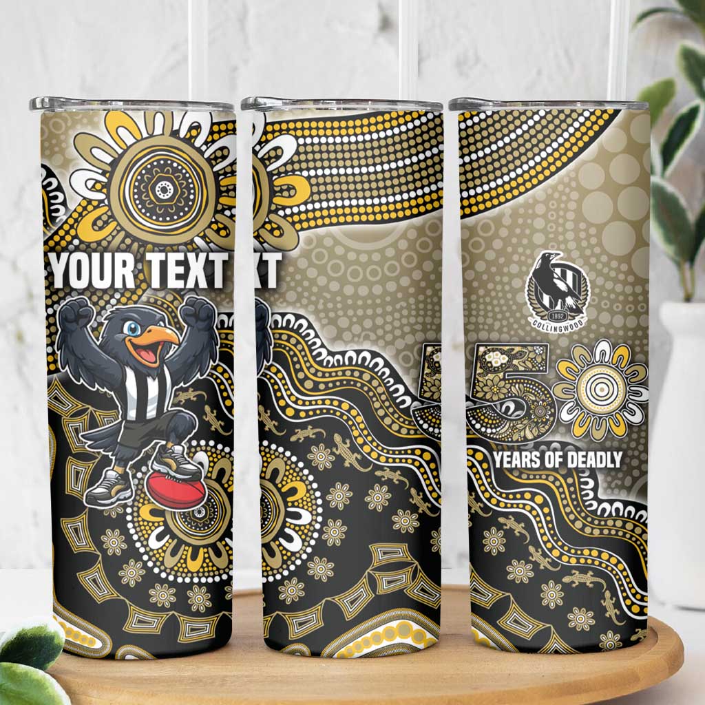 Personalized Magpies Football Mascot Skinny Tumbler Aboriginal Dot Art Style Vibrant Indigenous Pattern Design