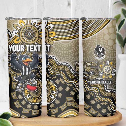 Personalized Magpies Football Mascot Skinny Tumbler Aboriginal Dot Art Style Vibrant Indigenous Pattern Design