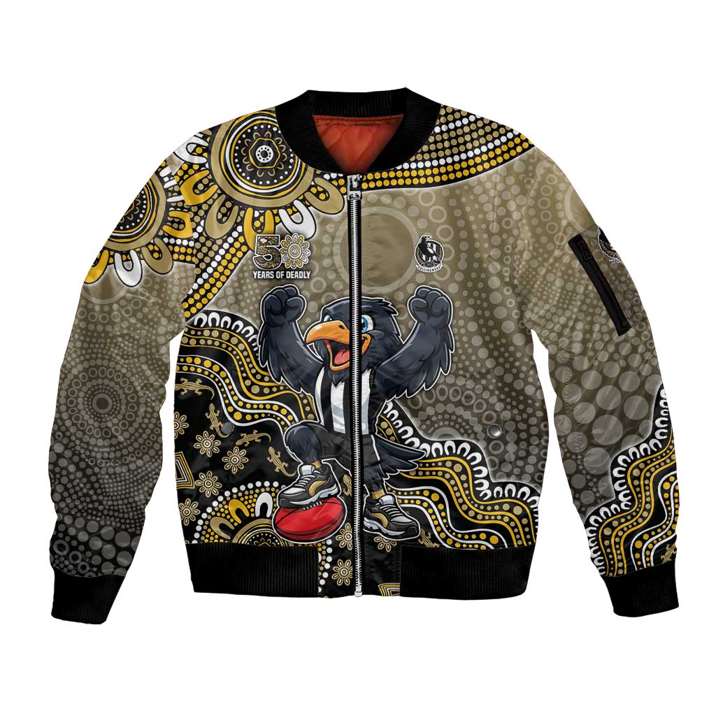 Personalized Magpies Football Mascot Sleeve Zip Bomber Jacket Aboriginal Dot Art Style Vibrant Indigenous Pattern Design