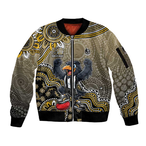Personalized Magpies Football Mascot Sleeve Zip Bomber Jacket Aboriginal Dot Art Style Vibrant Indigenous Pattern Design