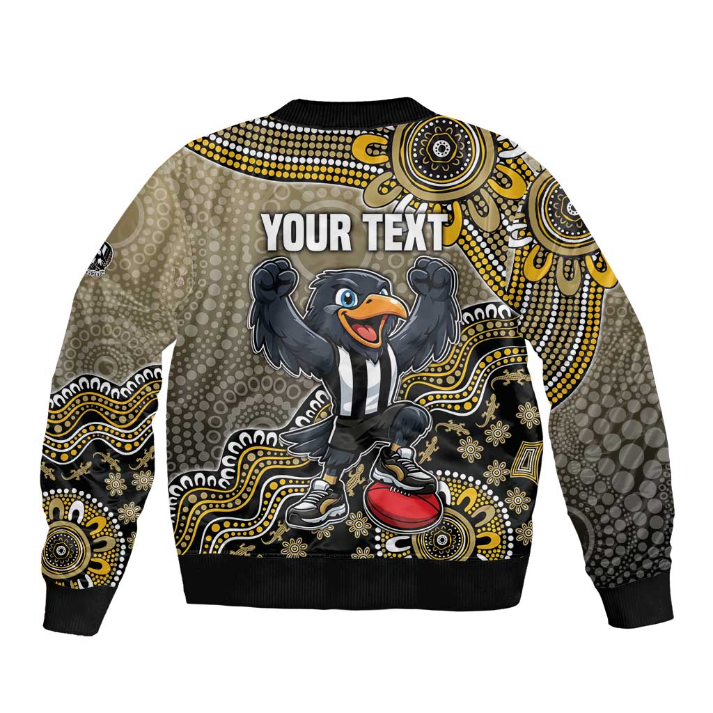 Personalized Magpies Football Mascot Sleeve Zip Bomber Jacket Aboriginal Dot Art Style Vibrant Indigenous Pattern Design