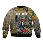 Personalized Magpies Football Mascot Sleeve Zip Bomber Jacket Aboriginal Dot Art Style Vibrant Indigenous Pattern Design