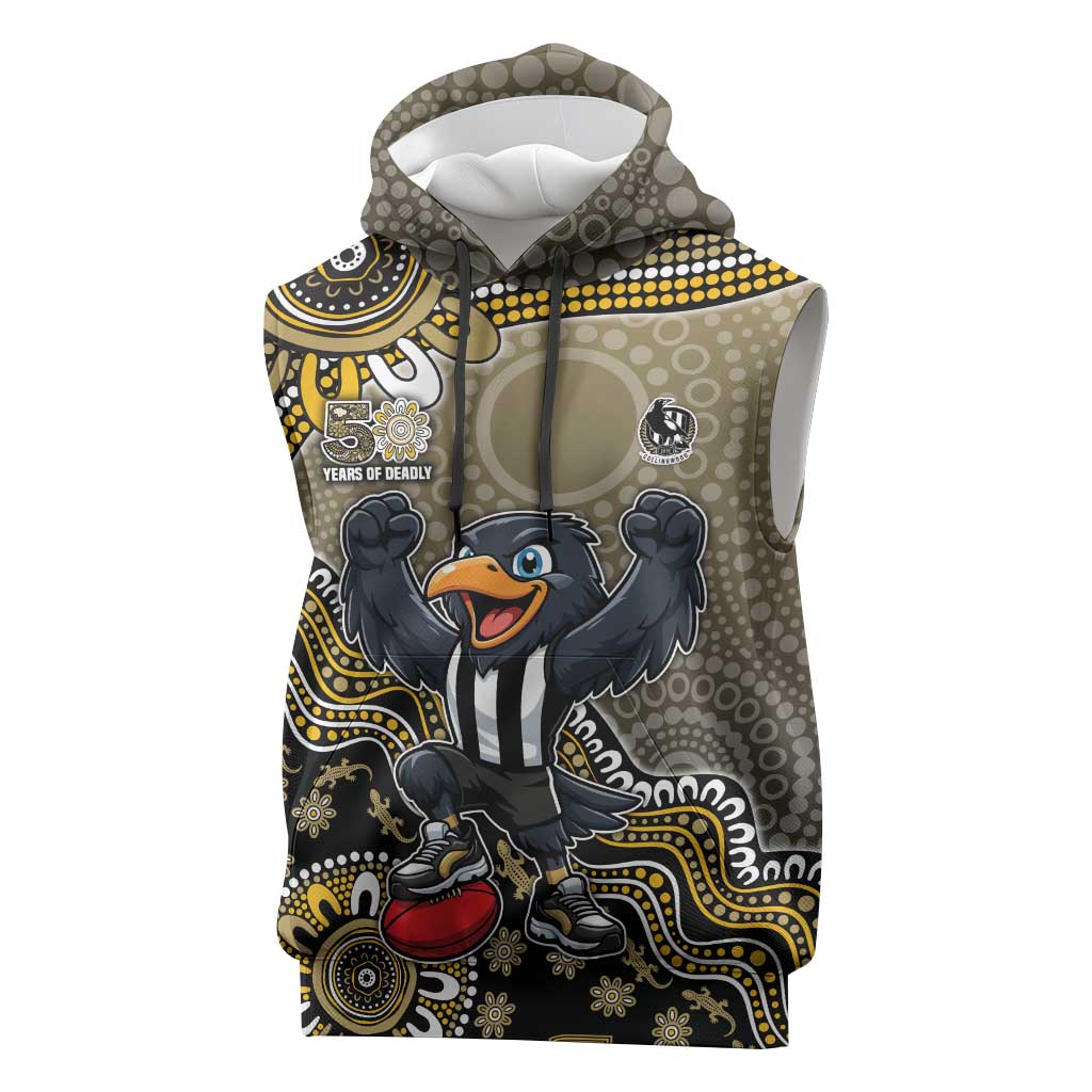 Personalized Magpies Football Mascot Sleeveless Hoodie Aboriginal Dot Art Style Vibrant Indigenous Pattern Design