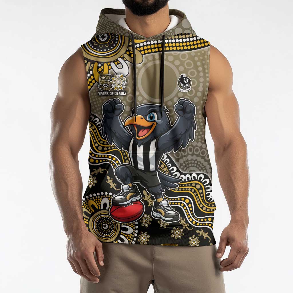 Personalized Magpies Football Mascot Sleeveless Hoodie Aboriginal Dot Art Style Vibrant Indigenous Pattern Design