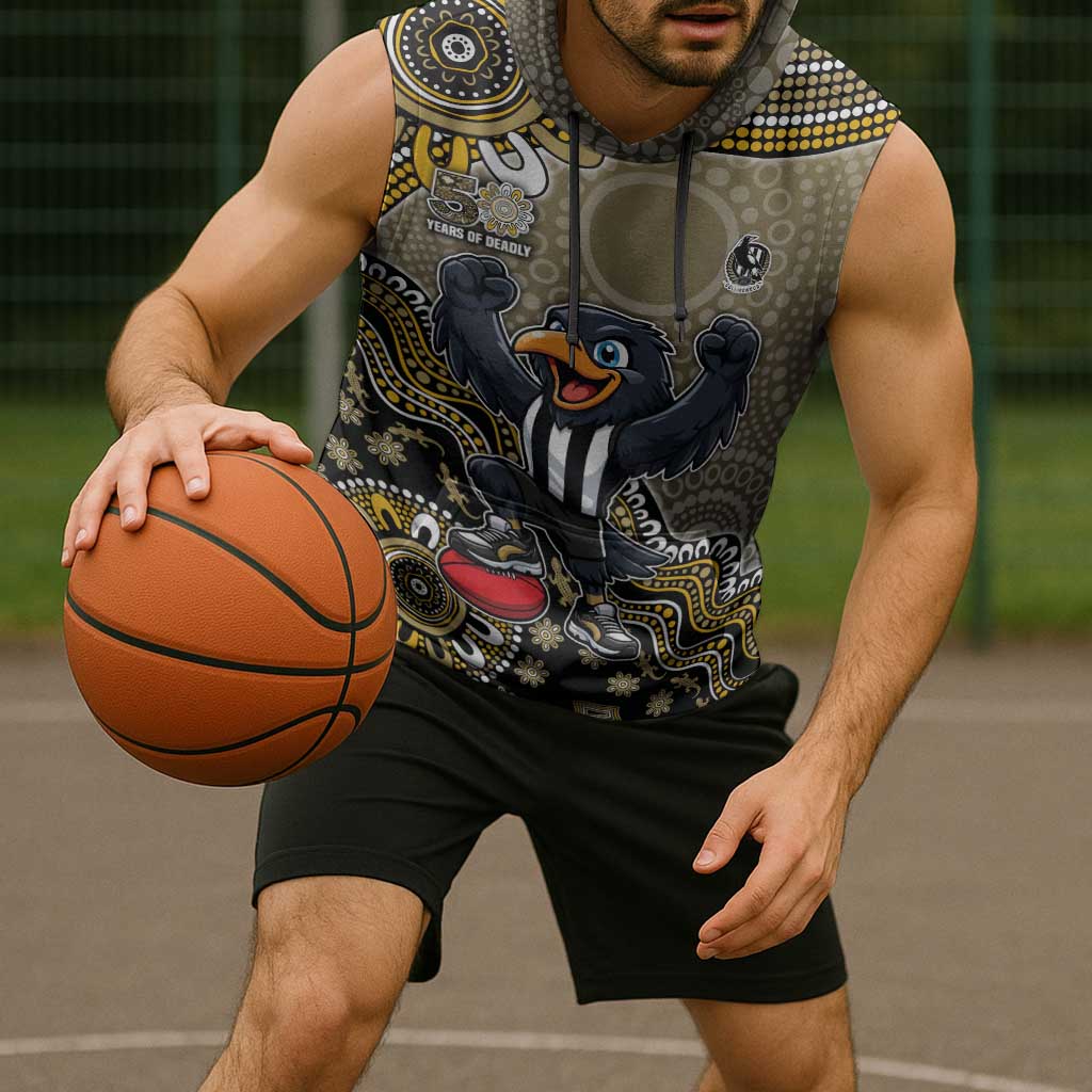Personalized Magpies Football Mascot Sleeveless Hoodie Aboriginal Dot Art Style Vibrant Indigenous Pattern Design