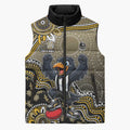 Personalized Magpies Football Mascot Sleeveless Puffer Jacket Aboriginal Dot Art Style Vibrant Indigenous Pattern Design
