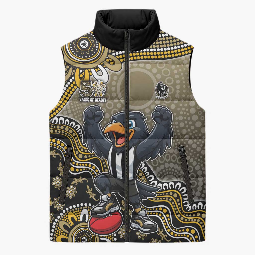 Personalized Magpies Football Mascot Sleeveless Puffer Jacket Aboriginal Dot Art Style Vibrant Indigenous Pattern Design