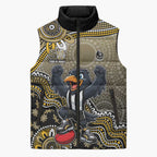 Personalized Magpies Football Mascot Sleeveless Puffer Jacket Aboriginal Dot Art Style Vibrant Indigenous Pattern Design