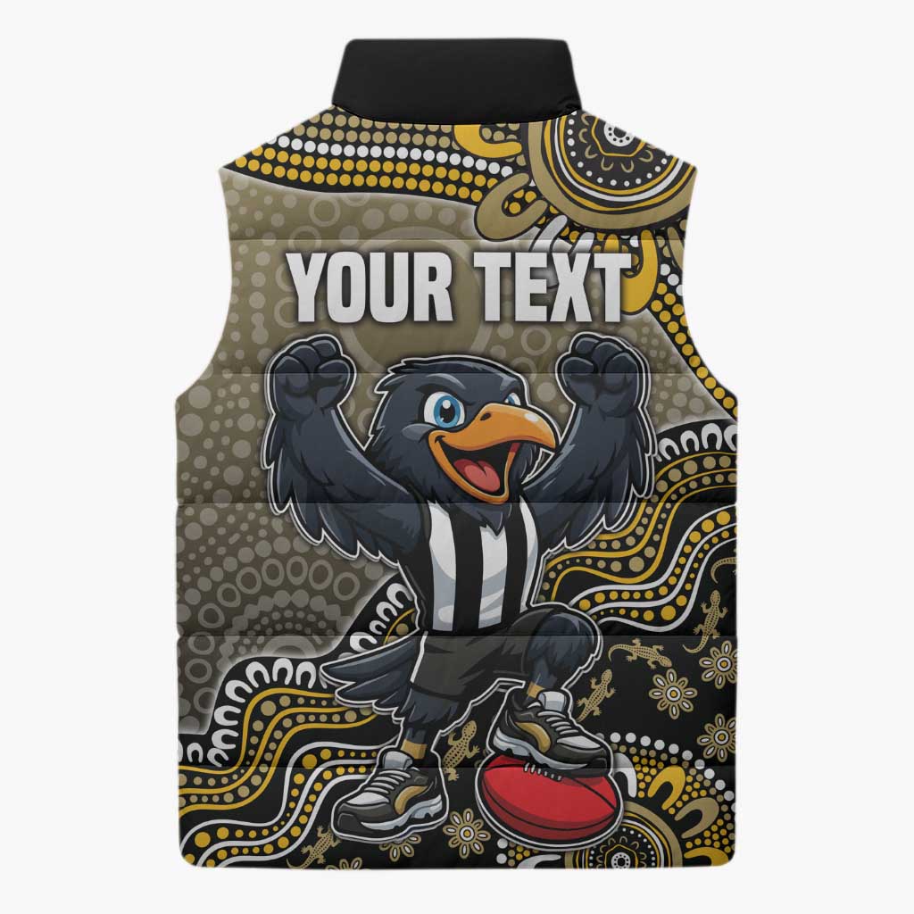 Personalized Magpies Football Mascot Sleeveless Puffer Jacket Aboriginal Dot Art Style Vibrant Indigenous Pattern Design