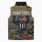 Personalized Magpies Football Mascot Sleeveless Puffer Jacket Aboriginal Dot Art Style Vibrant Indigenous Pattern Design