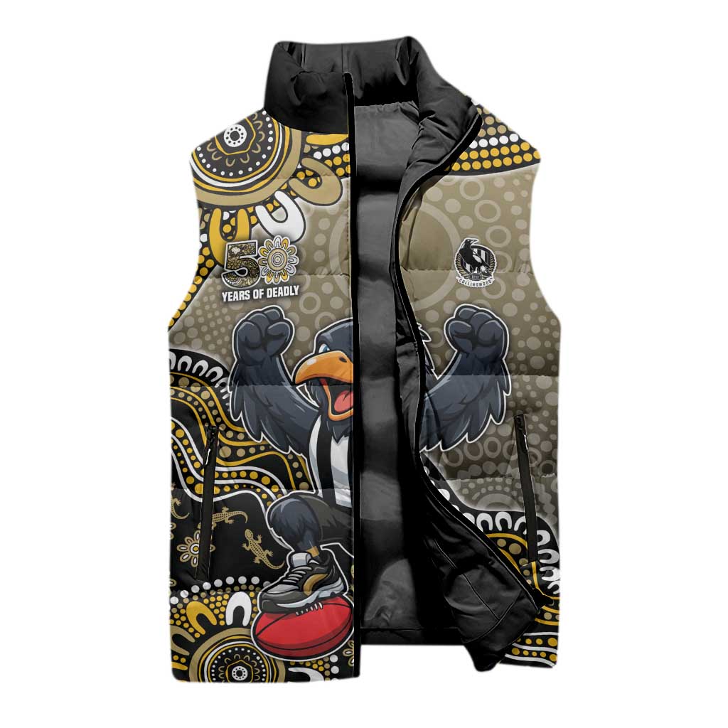 Personalized Magpies Football Mascot Sleeveless Puffer Jacket Aboriginal Dot Art Style Vibrant Indigenous Pattern Design