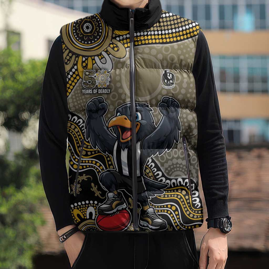 Personalized Magpies Football Mascot Sleeveless Puffer Jacket Aboriginal Dot Art Style Vibrant Indigenous Pattern Design