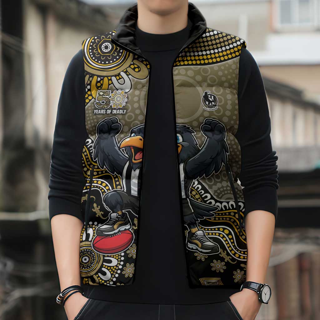 Personalized Magpies Football Mascot Sleeveless Puffer Jacket Aboriginal Dot Art Style Vibrant Indigenous Pattern Design