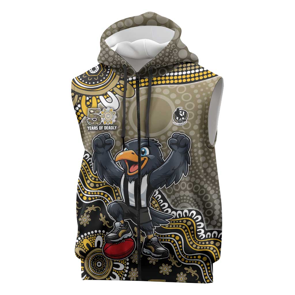 Personalized Magpies Football Mascot Sleeveless Zip Hoodie Aboriginal Dot Art Style Vibrant Indigenous Pattern Design